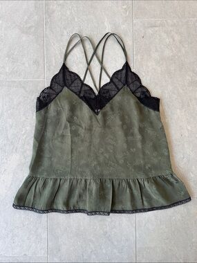 Zadig & Voltaire Celeste Olive Green Silk Cami with Black Lace Trim